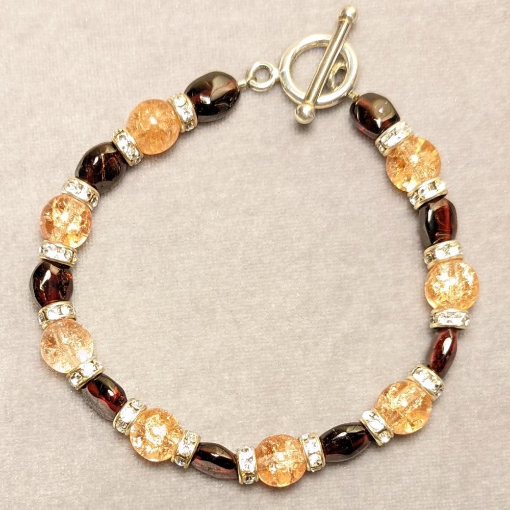 Bracelet with Garnets, Swarovski Crystals, Glass Beads, Sterling Silver Clasp